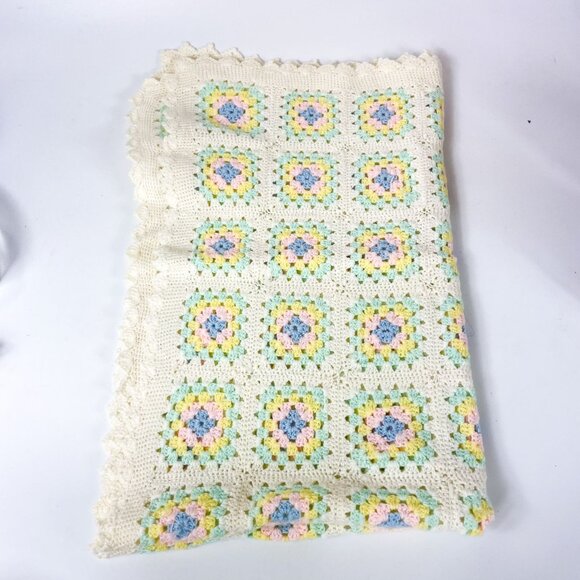 Handmade Crochet Baby Blanket Granny Squares 24" X 40" Pastel Colors Afghan - Picture 3 of 3